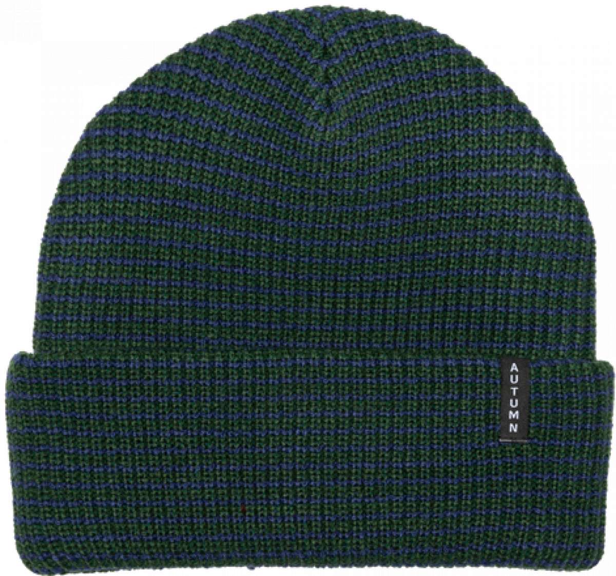 Autumn Stripe Beanie 2023 - A green beanie with blue stripes.