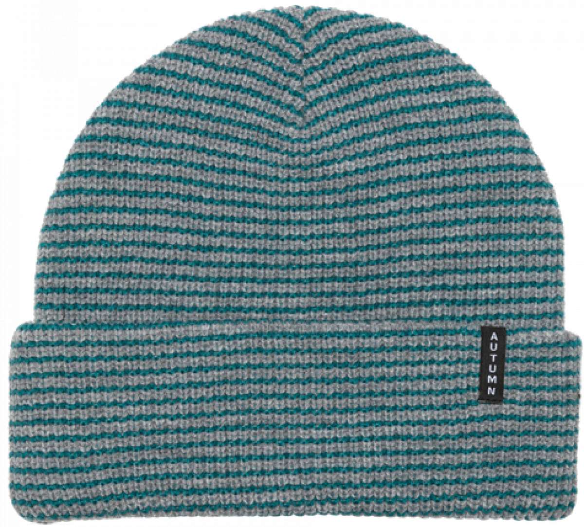 Autumn Stripe Beanie 2023 - A gray beanie with thin teal stripes.