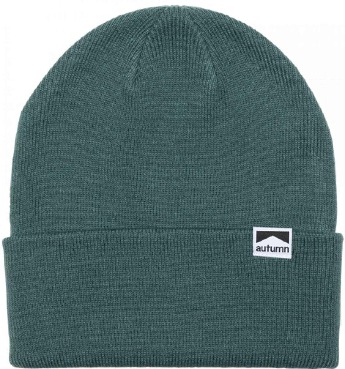 Autumn Surplus Beanie 2023 - A dark green beanie with a small white logo featuring a black mountain graphic and the word "autumn" in black letters.
