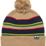 Autumn Surplus Bradford Beanie 2023 - A tan beanie with a pom-pom on top and horizontal stripes in navy, red, yellow, green, and light brown.