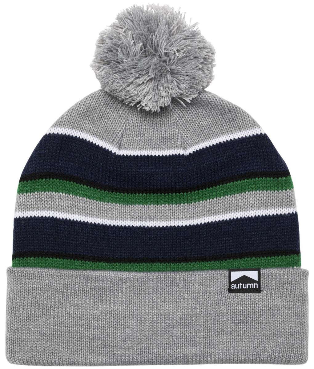 Autumn Surplus Bradford Beanie 2023 - A gray beanie with a pom-pom on top and green stripes.
