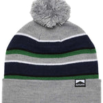 Autumn Surplus Bradford Beanie 2023 - A gray beanie with a pom-pom on top and green stripes.