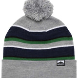Autumn Surplus Bradford Beanie 2023 - A gray beanie with a pom-pom on top and green stripes.