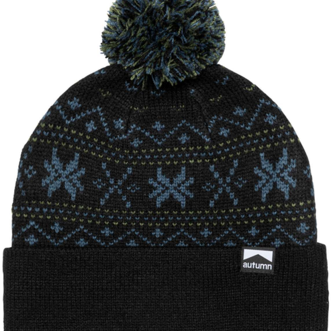 Autumn Surplus Wonderland Beanie 2023 - A black beanie with a blue and green snowflake pattern on top.