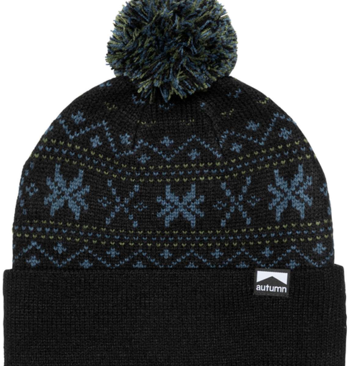 Autumn Surplus Wonderland Beanie 2023 - A black beanie with a blue and green snowflake pattern on top.