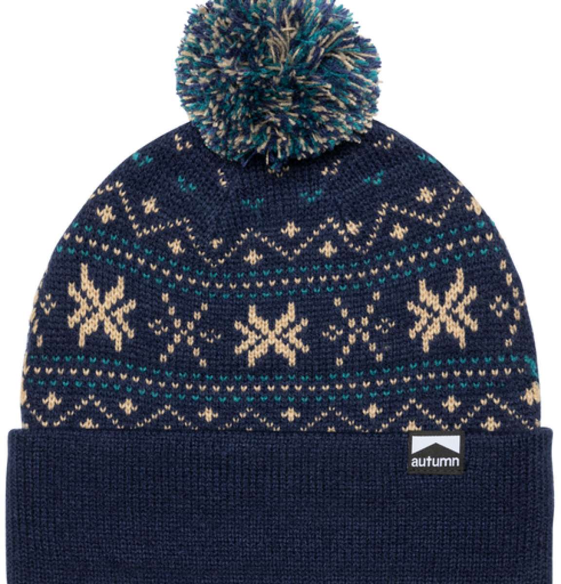 Autumn Surplus Wonderland Beanie 2023 - A navy blue beanie with a snowflake pattern and a large pom-pom on top.