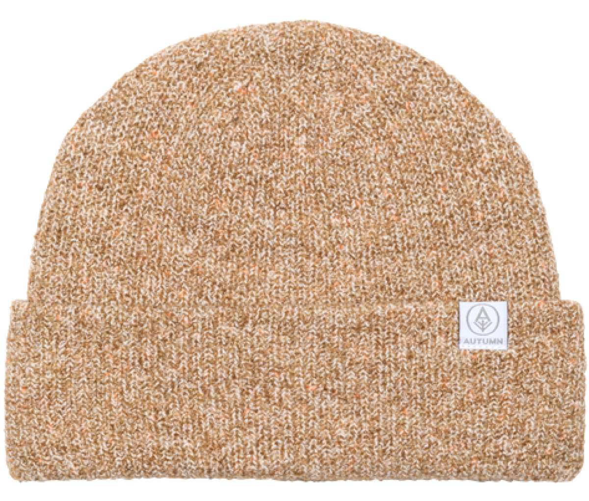 Autumn Sustainable Select R Beanie 2023 - A tan beanie with a subtle orange fleck pattern and a small white logo on the front.