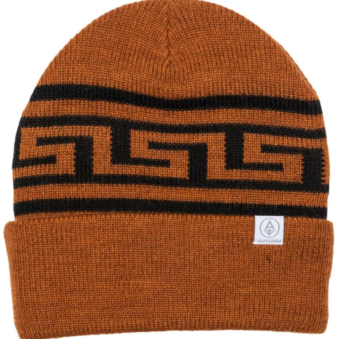 Autumn Sustainable Surplus R Beanie 2023 - A brown beanie with a black geometric pattern on the front band.