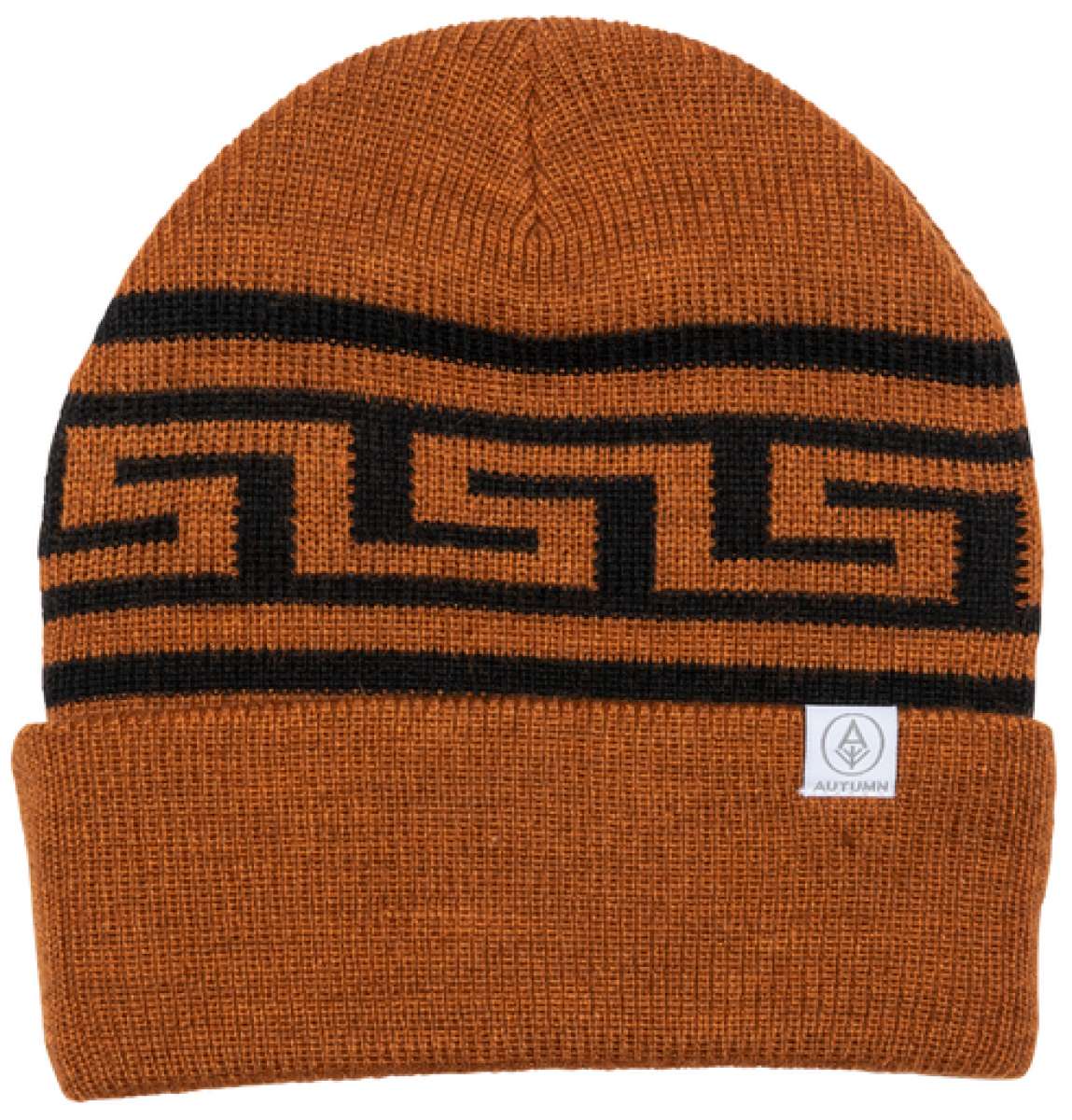Autumn Sustainable Surplus R Beanie 2023 - A brown beanie with a black geometric pattern on the front band.
