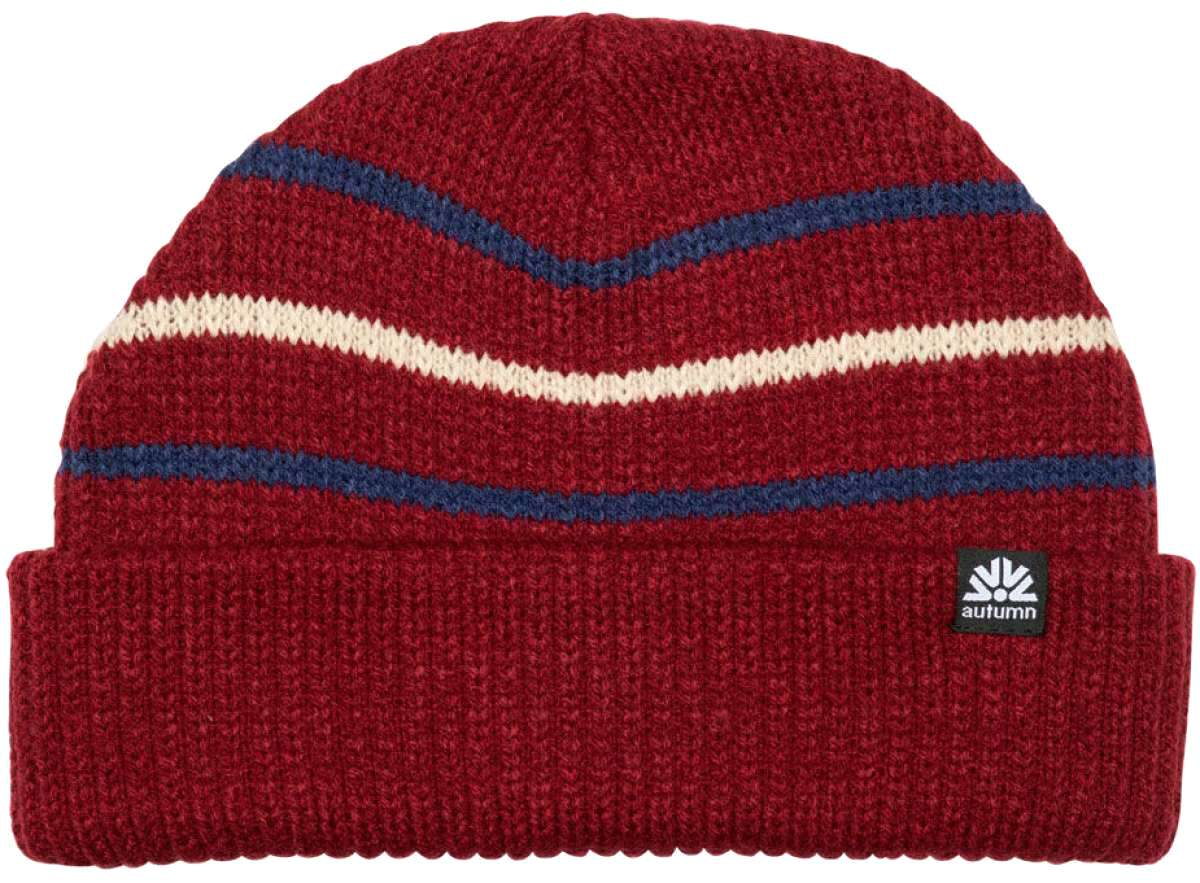 Autumn Vintage Beanie 2023 - A red beanie with a white stripe and blue stripe.