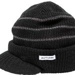 Autumn Visor Beanie 2022-2023 - A black beanie with a visor and horizontal stripes.