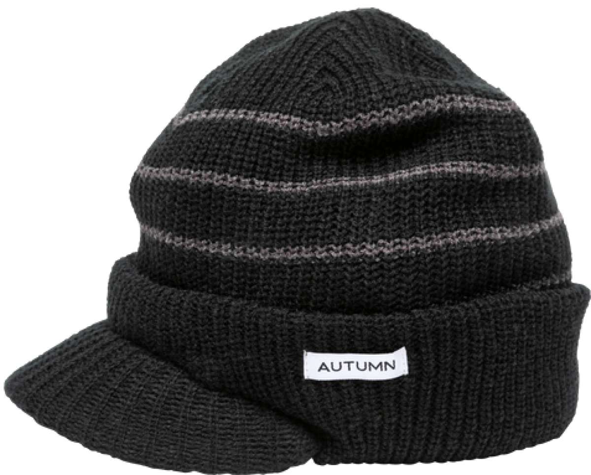 Autumn Visor Beanie 2022-2023 - A black beanie with a visor and horizontal stripes.