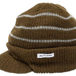 Autumn Visor Beanie 2022-2023 - A brown beanie with a visor and white stripes.