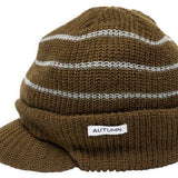 Autumn Visor Beanie 2022-2023 - A brown beanie with a visor and white stripes.