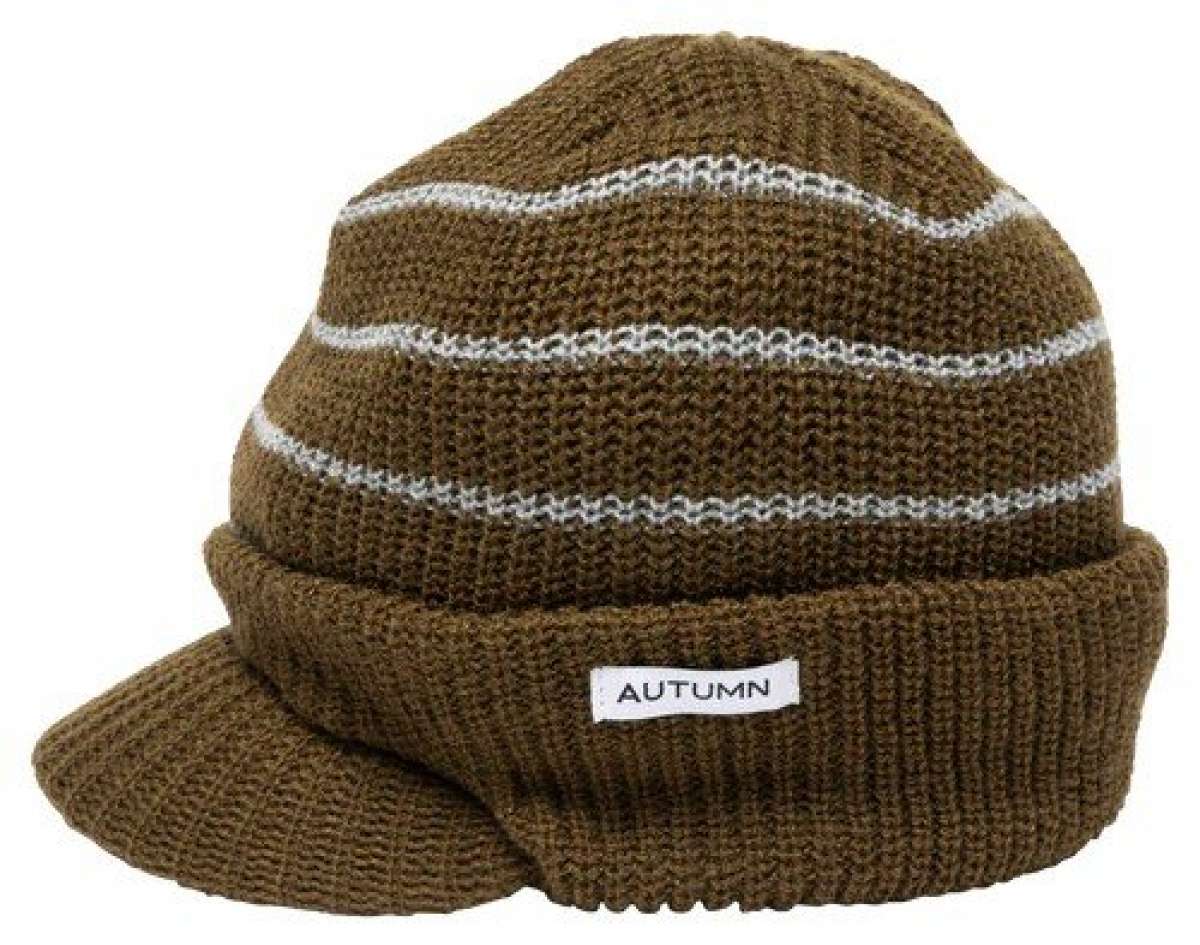 Autumn Visor Beanie 2022-2023 - A brown beanie with a visor and white stripes.