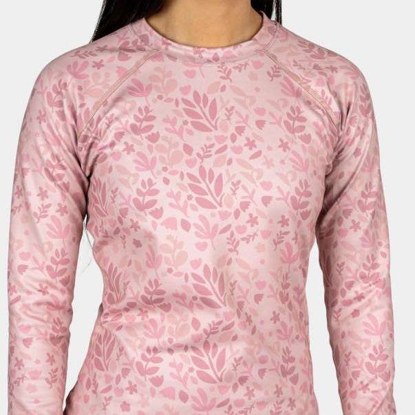 BlackStrap Cloudchaser Crew Top Baselayer 2024 - A pink crew-neck top with a subtle floral pattern and black accents on the cuffs.