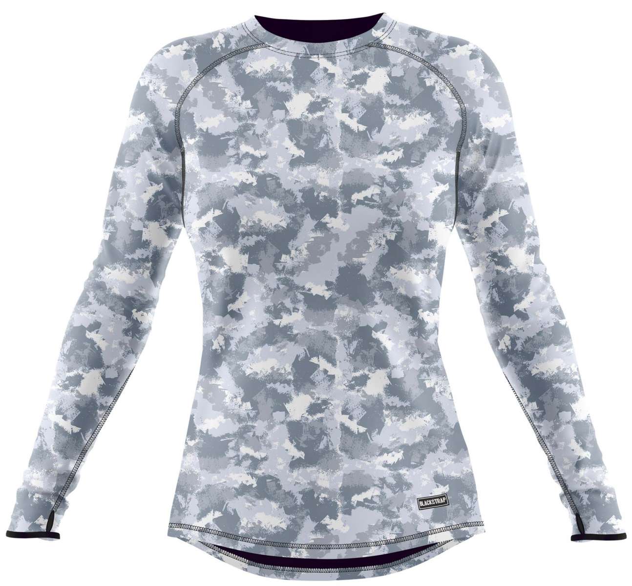 BlackStrap Cloudchaser Crew Top Baselayer 2024 - A white and grey abstract patterned crew neck top with a black trim around the neckline.