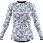 BlackStrap Cloudchaser Crew Top Baselayer 2024 - A white and grey abstract patterned crew neck top with a black trim around the neckline.