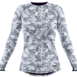 BlackStrap Cloudchaser Crew Top Baselayer 2024 - A white and grey abstract patterned crew neck top with a black trim around the neckline.