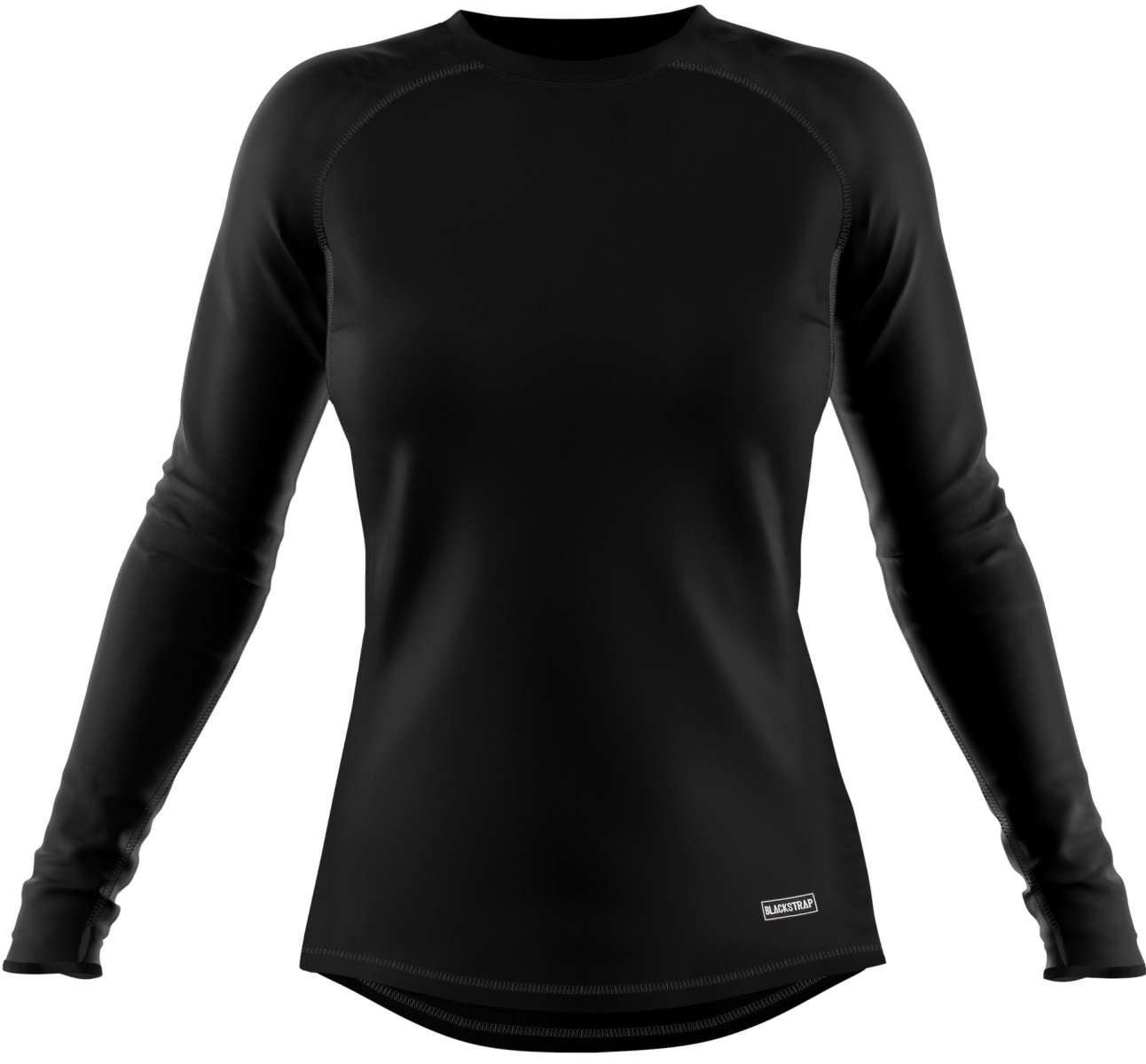 BlackStrap Cloudchaser Crew Top Baselayer 2024 - A black crew-neck top with a subtle white logo on the left chest and a small tag near the bottom hem.