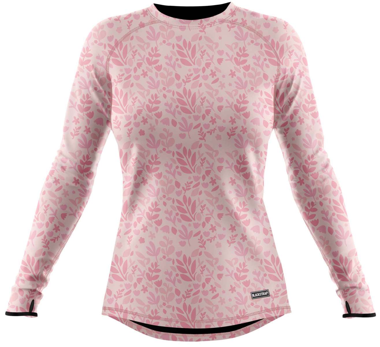 BlackStrap Cloudchaser Crew Top Baselayer 2024 - A pink crew-neck top with a repeating pattern of small, stylized leaves and flowers in various shades of pink.