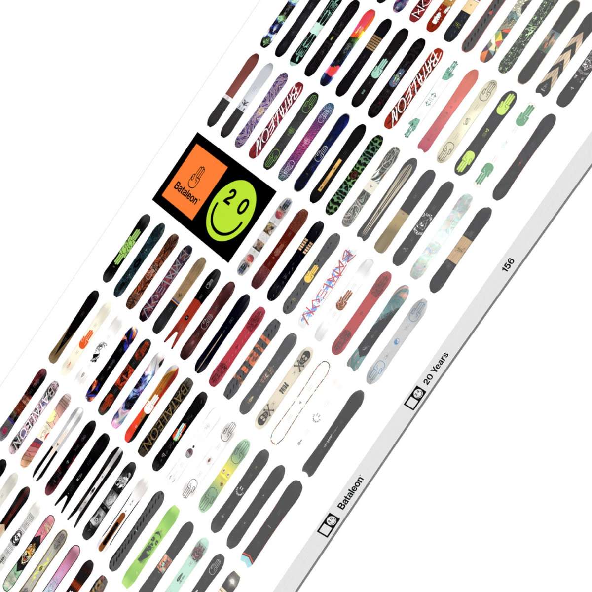 Bataleon 20Y Snowboard 2024 - A snowboard with a black background and white lettering, featuring the number "20" in large font on the top side of the board.