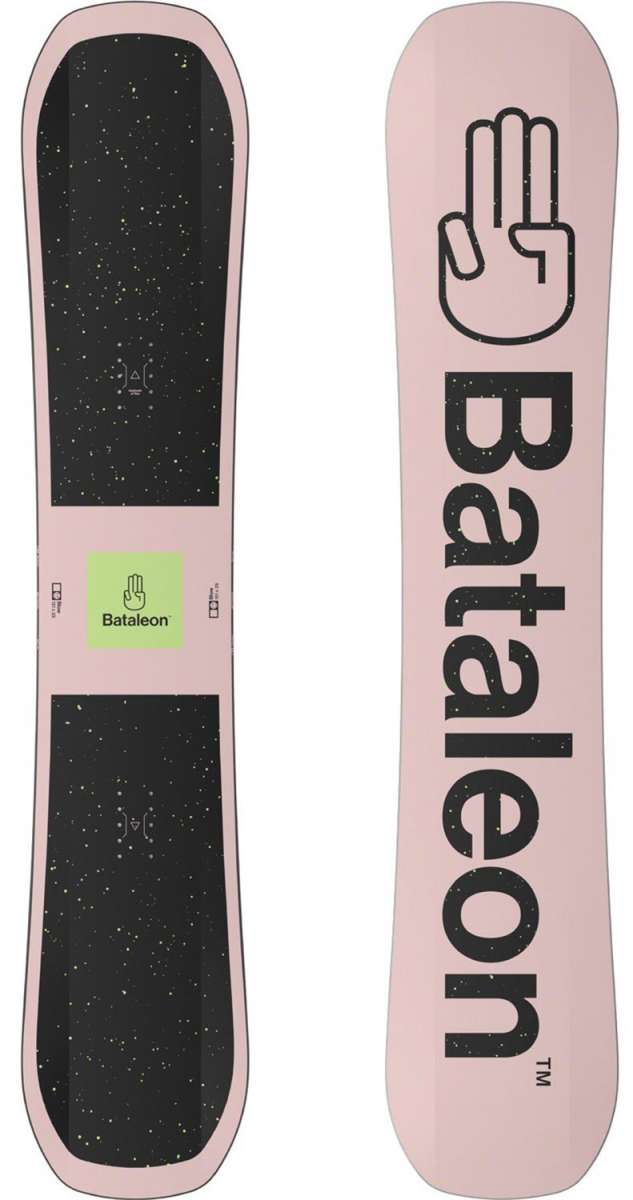 Bataleon Blow Snowboard 2024 - A black snowboard with a green logo and white speckles on top of a light pink background.