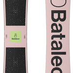 Bataleon Blow Snowboard 2024 - A black snowboard with a green logo and white speckles on top of a light pink background.