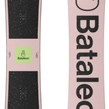Bataleon Blow Snowboard 2024 - A black snowboard with a green logo and white speckles on top of a light pink background.
