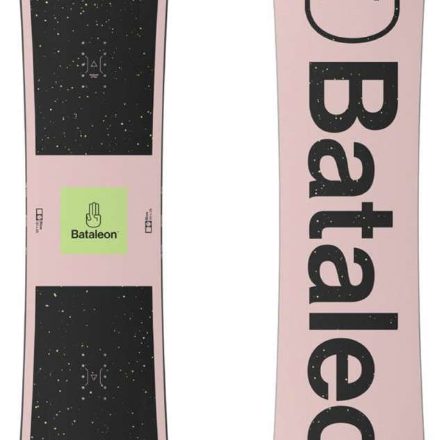 Bataleon Blow Snowboard 2024 - A black snowboard with a green logo and white speckles on top of a light pink background.