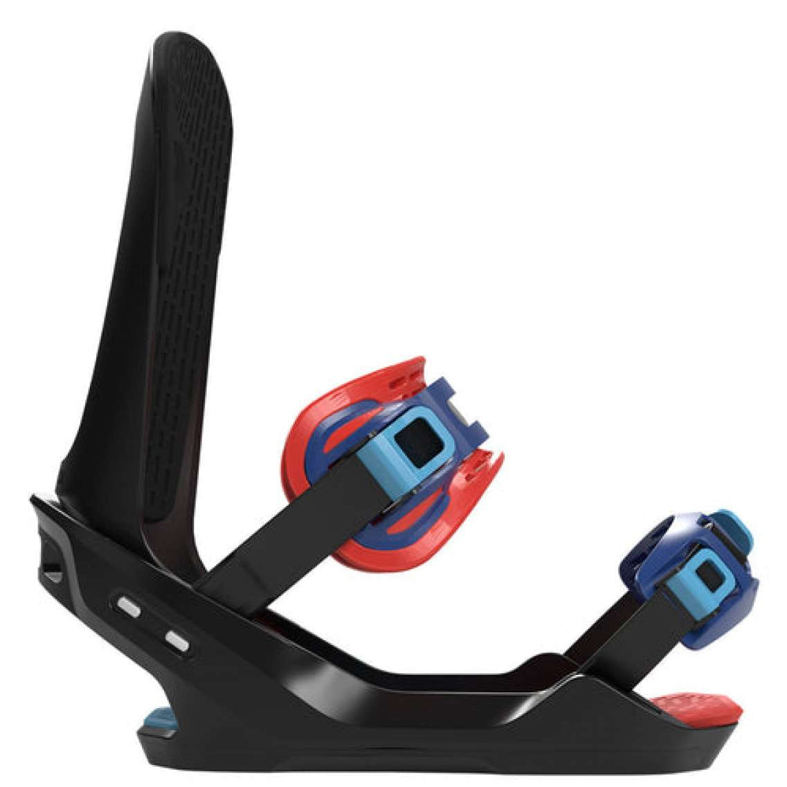 Bataleon Camel Toe Snowboard Bindings 2022 - A black snowboard binding with red and blue buckles, featuring a distinctive "camel toe" design on the straps.