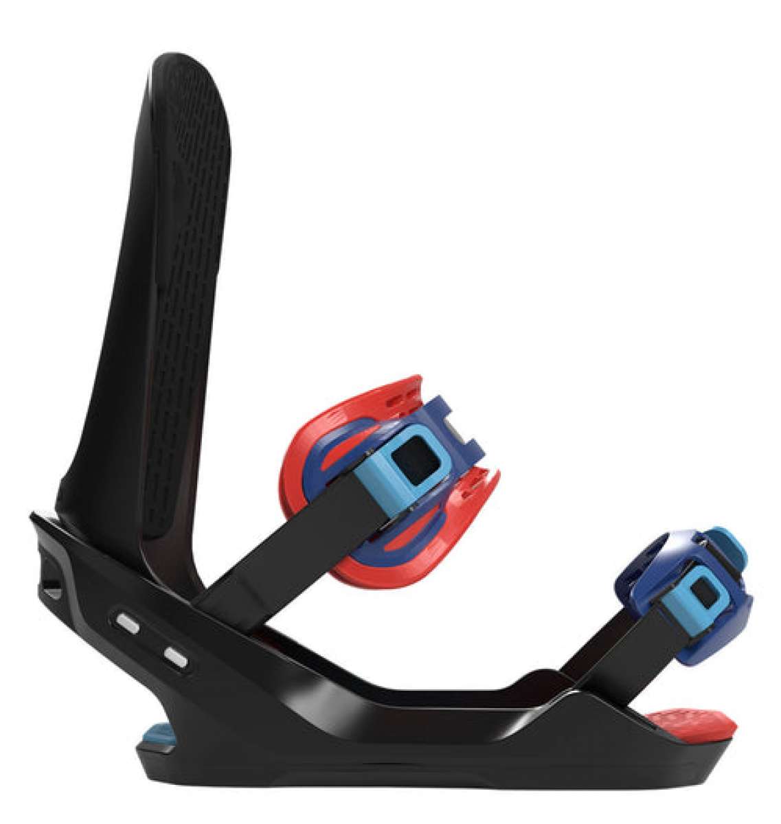 Bataleon Camel Toe Snowboard Bindings 2022 - A black snowboard binding with red and blue buckles, featuring a distinctive "camel toe" design on the straps.