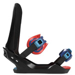 Bataleon Camel Toe Snowboard Bindings 2022 - A black snowboard binding with red and blue buckles, featuring a distinctive "camel toe" design on the straps.