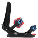 Bataleon Camel Toe Snowboard Bindings 2022 - A black snowboard binding with red and blue buckles, featuring a distinctive "camel toe" design on the straps.