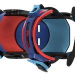 Bataleon Camel Toe Snowboard Bindings 2022 - A black snowboard binding with red and blue accents, featuring a distinctive "camel toe" design on the straps.