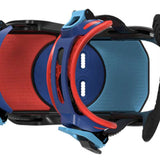 Bataleon Camel Toe Snowboard Bindings 2022 - A black snowboard binding with red and blue accents, featuring a distinctive "camel toe" design on the straps.