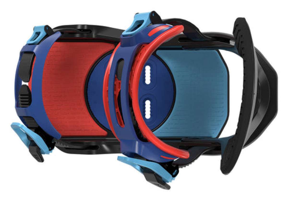 Bataleon Camel Toe Snowboard Bindings 2022 - A black snowboard binding with red and blue accents, featuring a distinctive "camel toe" design on the straps.