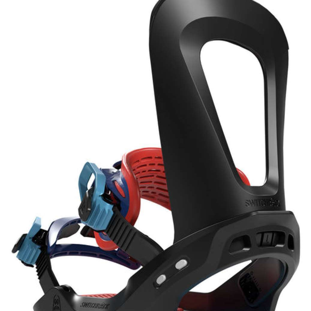 Bataleon Camel Toe Snowboard Bindings 2022 - A pair of black snowboard bindings with red and blue accents.