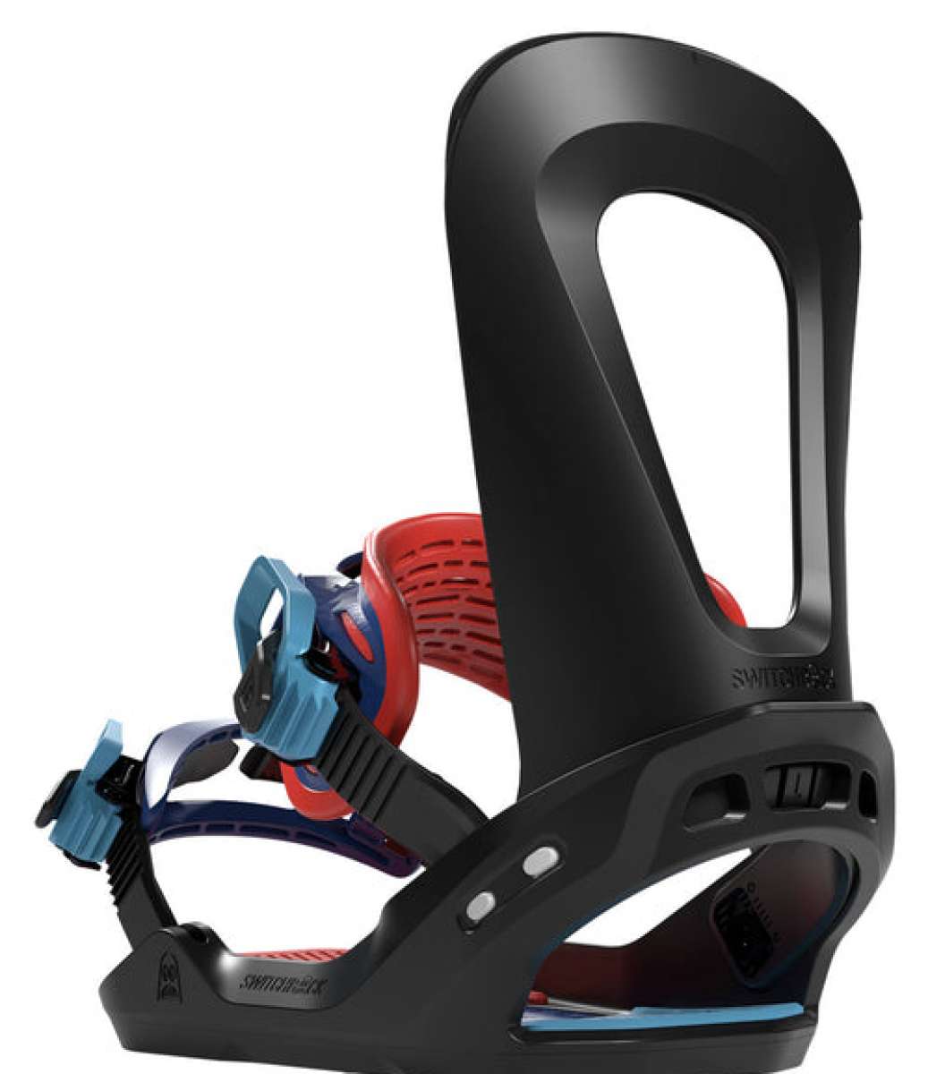 Bataleon Camel Toe Snowboard Bindings 2022 - A pair of black snowboard bindings with red and blue accents.