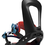 Bataleon Camel Toe Snowboard Bindings 2022 - A pair of black snowboard bindings with red and blue accents.