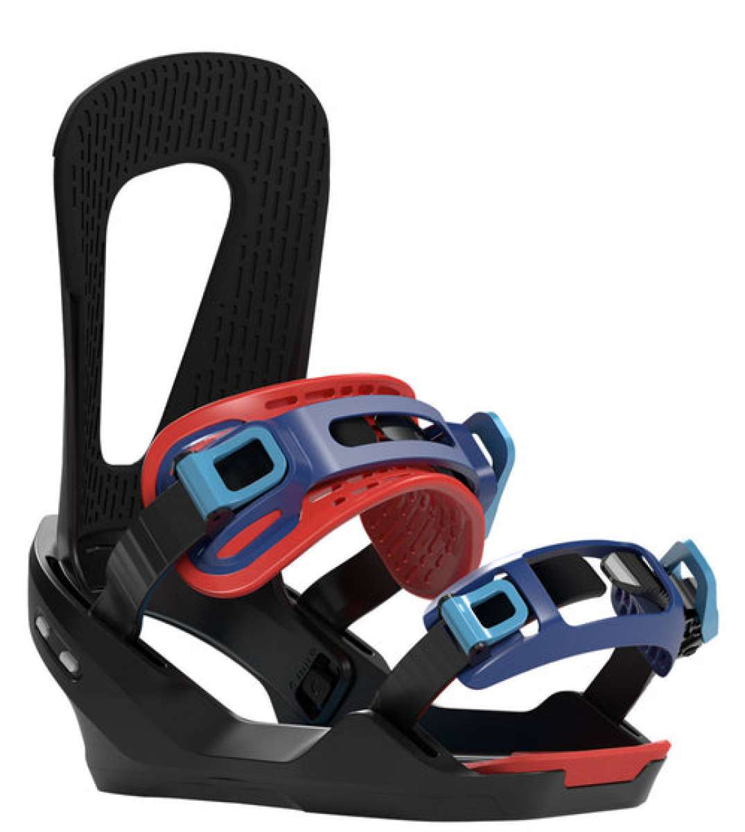 Bataleon Camel Toe Snowboard Bindings 2022 - A black snowboard binding with red and blue buckles, featuring a distinctive "camel toe" design on the straps.