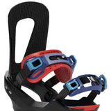 Bataleon Camel Toe Snowboard Bindings 2022 - A black snowboard binding with red and blue buckles, featuring a distinctive "camel toe" design on the straps.