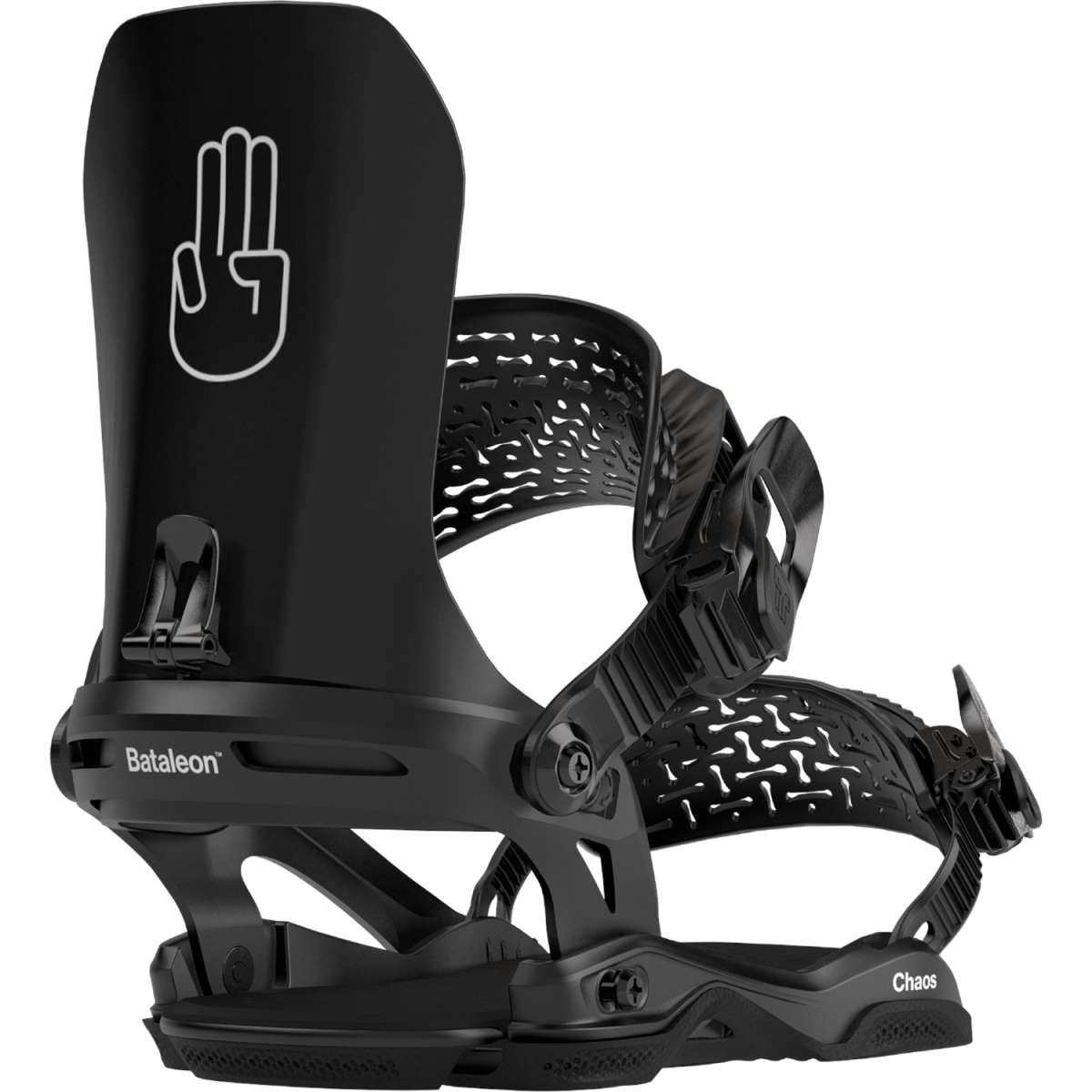 Bataleon Chaos Snowboard Bindings 2024 - Black bindings with white logo on top strap and "Chaos" written in white on bottom strap.