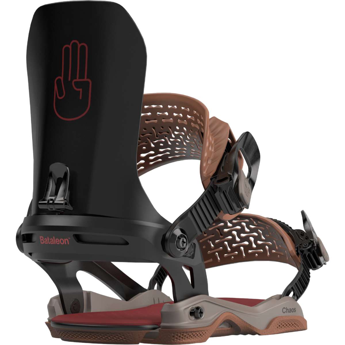 Bataleon Chaos Snowboard Bindings 2024 - A black snowboard binding with a red logo on top and brown straps.