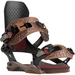 Bataleon Chaos Snowboard Bindings 2024 - A black snowboard binding with a brown strap and red accents, featuring a textured pattern on the strap.