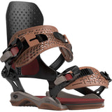 Bataleon Chaos Snowboard Bindings 2024 - A black snowboard binding with a brown strap and red accents, featuring a textured pattern on the strap.