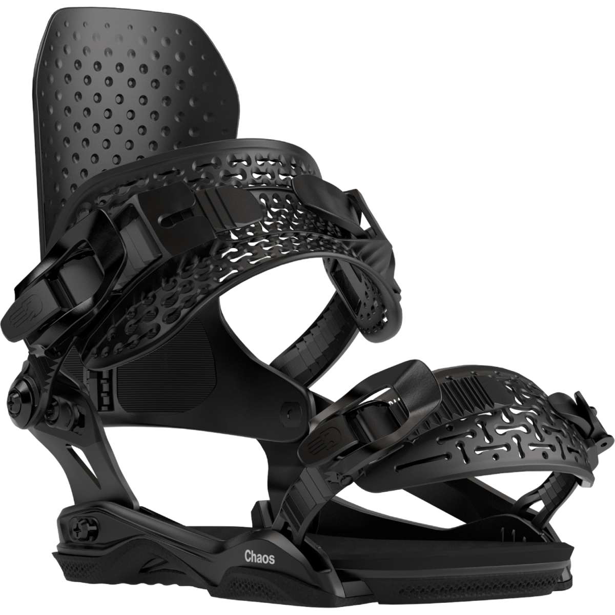Bataleon Chaos Snowboard Bindings 2024 - Black bindings with a textured strap and a patterned plastic piece on top of the footbed.