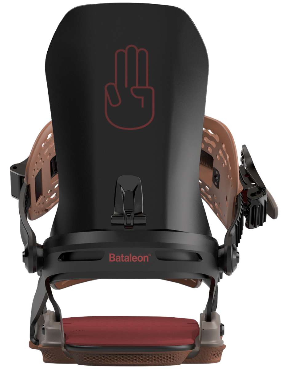 Bataleon Chaos Snowboard Bindings 2024 - A black snowboard with a red logo of a hand making a peace sign on top, attached to brown bindings.