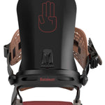 Bataleon Chaos Snowboard Bindings 2024 - A black snowboard with a red logo of a hand making a peace sign on top, attached to brown bindings.