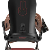 Bataleon Chaos Snowboard Bindings 2024 - A black snowboard with a red logo of a hand making a peace sign on top, attached to brown bindings.